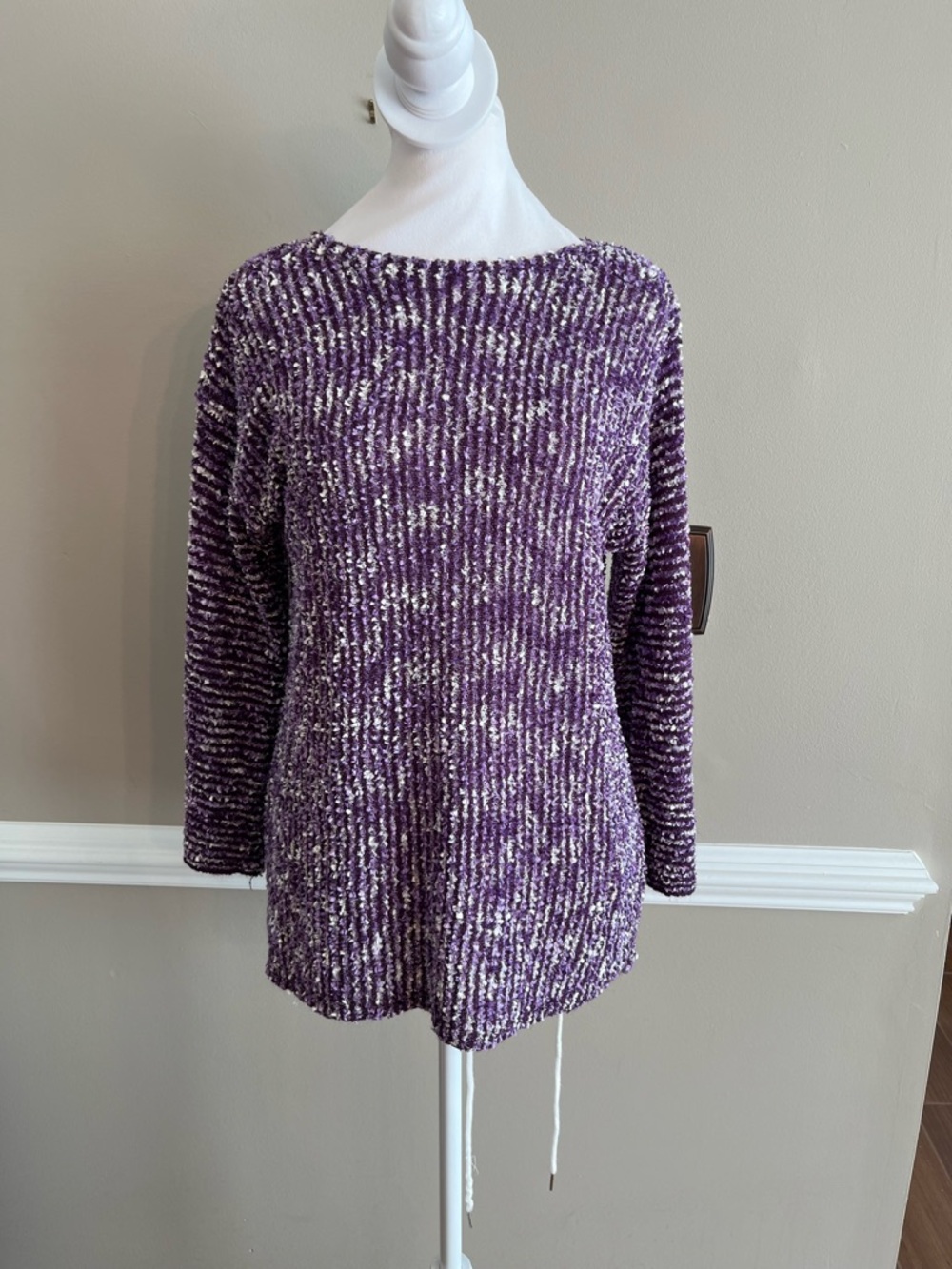 Alfred Dunner Purple & Cream stretchy Crewneck 3/4 sleeve w free scarf